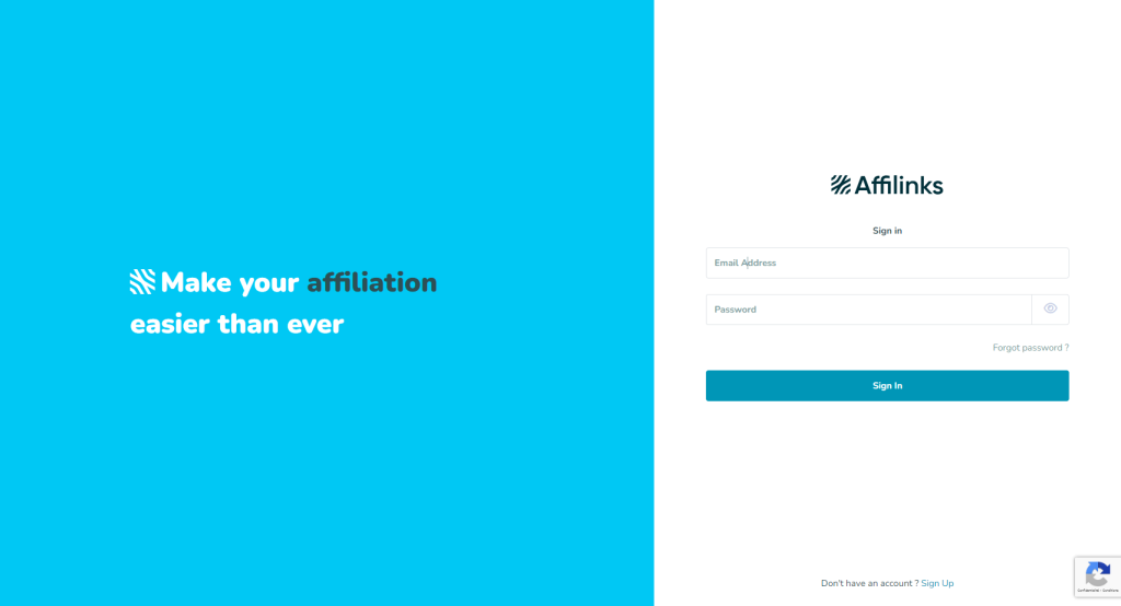 Écran de connexion Affilinks