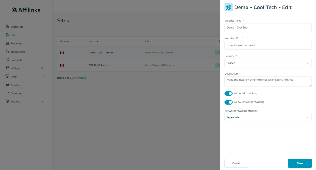 Tech reviewer enabling auto link rewriting in the Affilinks dashboard